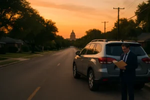 Texas DWI child passenger felony guide with vehicle on an Austin roadway